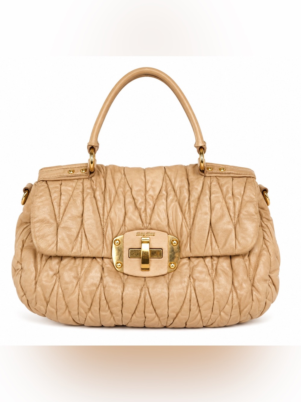 Miu Miu Matelasse Nappa Leather Bag Nude Tan Top-Handle Satchel + Crossbody COA